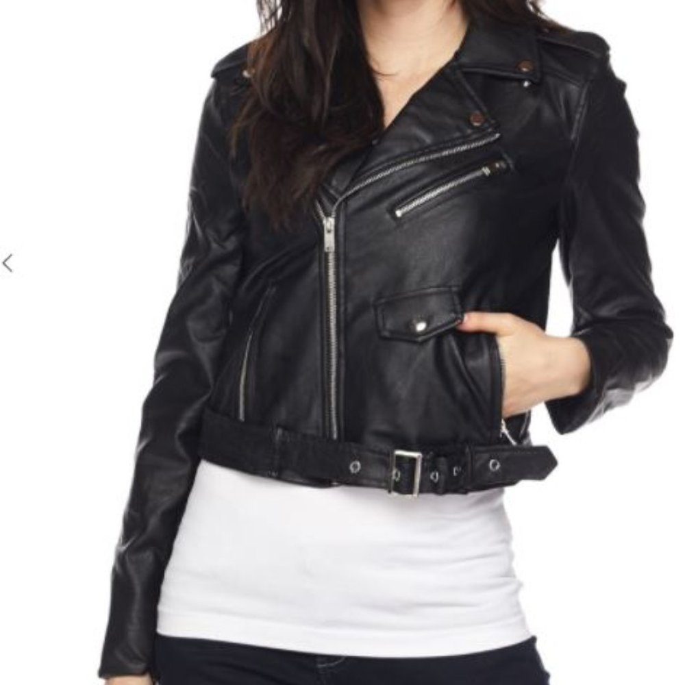 Faux Leather Belted Moto Biker Jacket